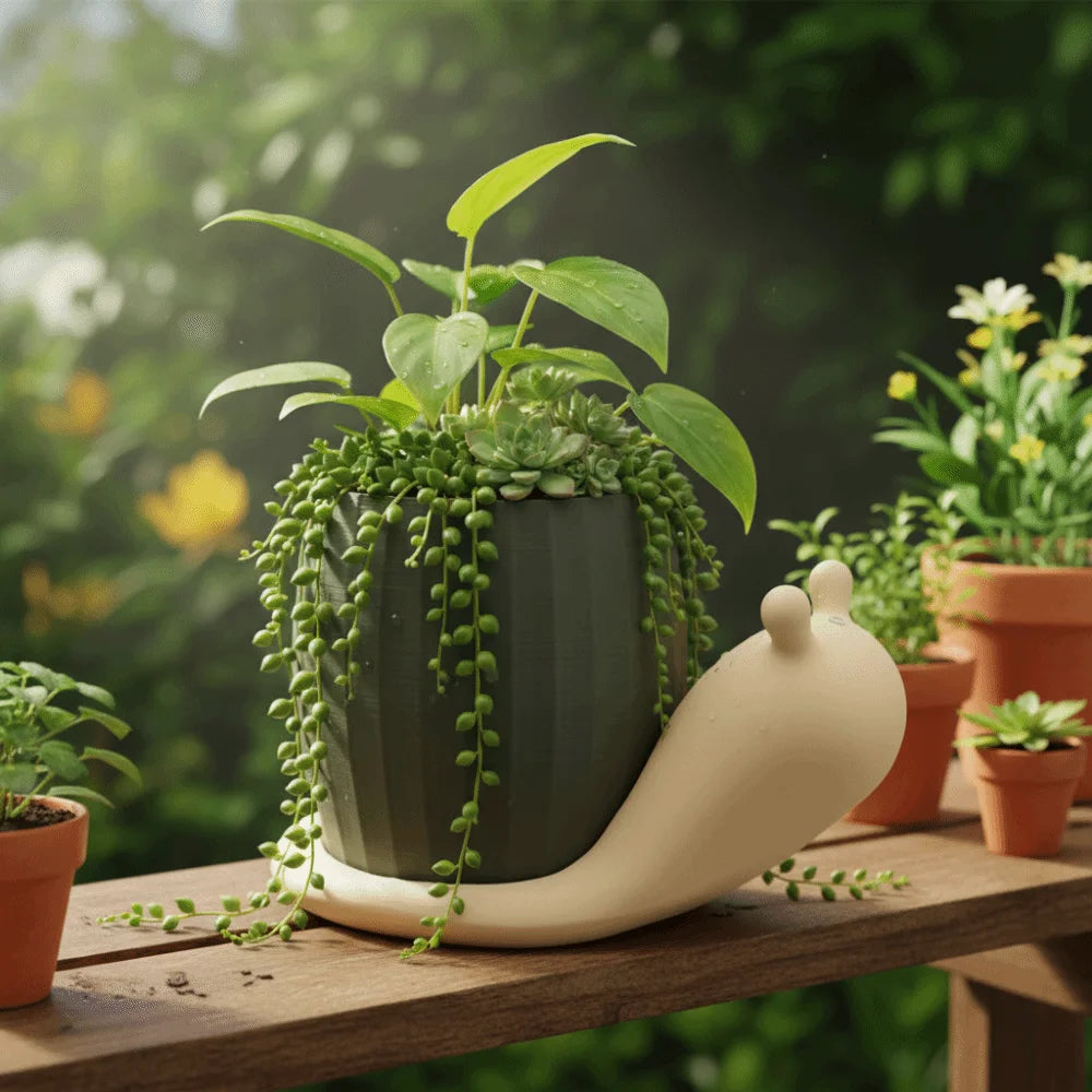 pots fleurs forme escargot vert foncé beige clair motif texturé plantes vertes succulentes fougères