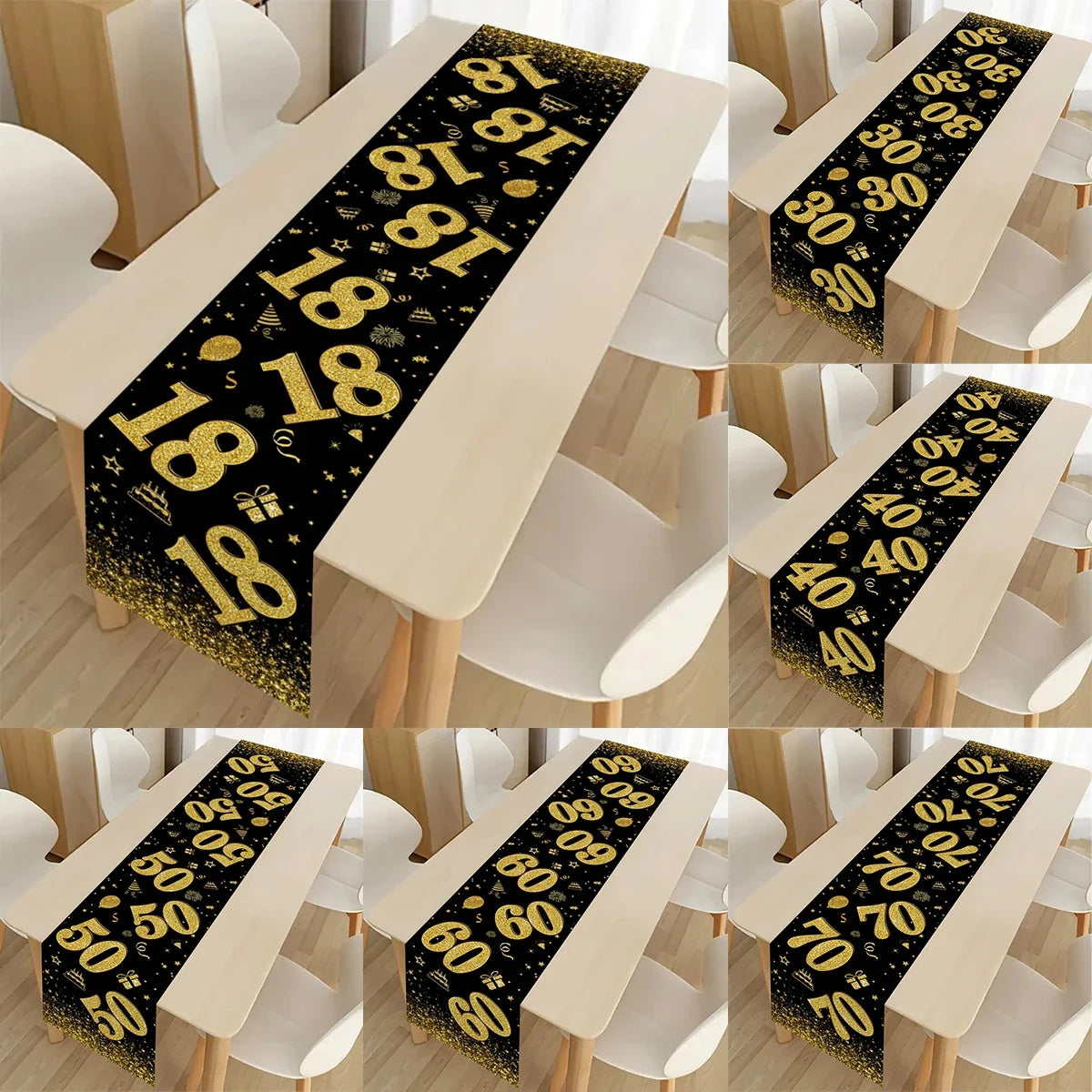 table chemin noir doré anniversaire fête confettis étoiles chiffres polyester occasionnelle thème festive
