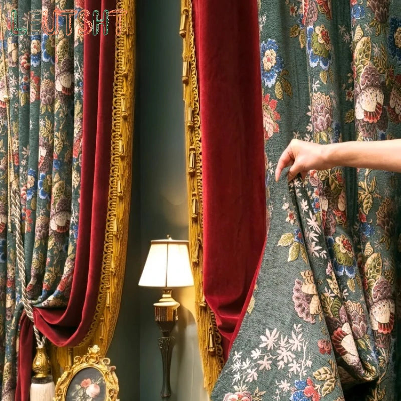 rideaux velours luxe motifs floraux dorés franges décoratifs salon chambre fenêtre maison