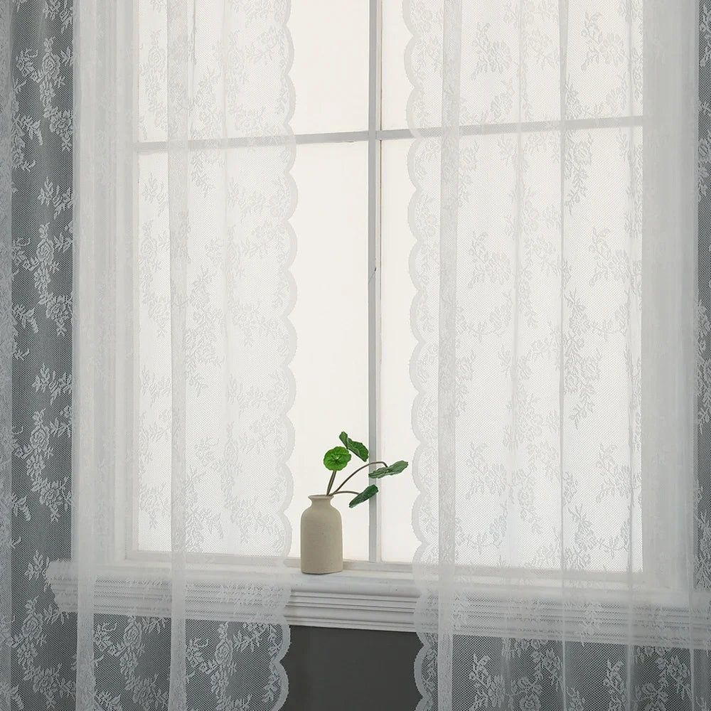 rideau polyester fleurs dentelle transparent classique fenetre plate couleur blanc