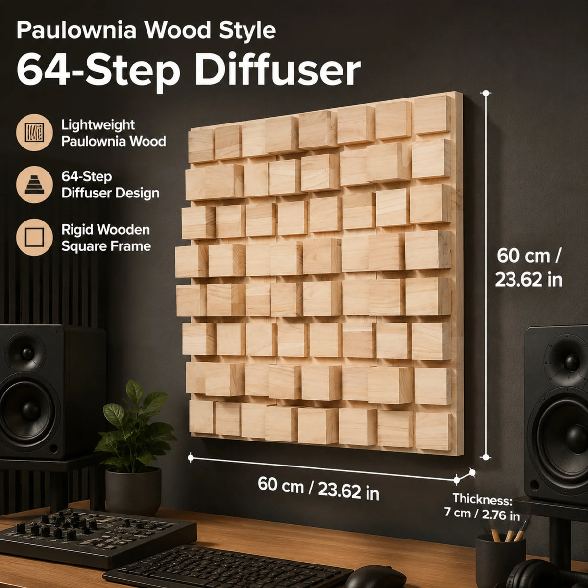 diffuseur acoustique bois moderne cubes relief 60cm 60cm opacité chambre cinema living room soundproofing