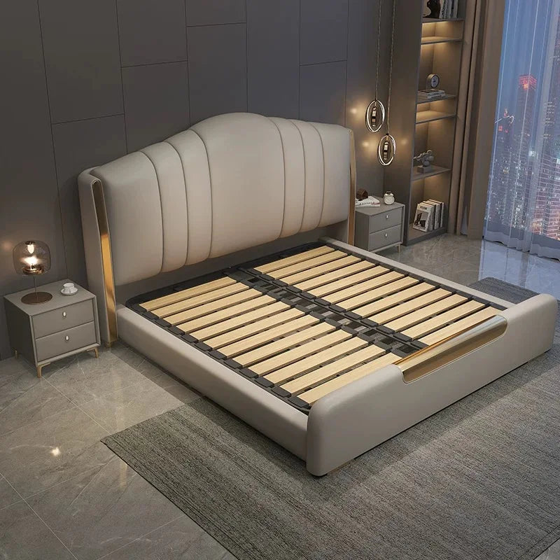 lit double moderne tête lit rembourrée matelas coussins tapis tabourets