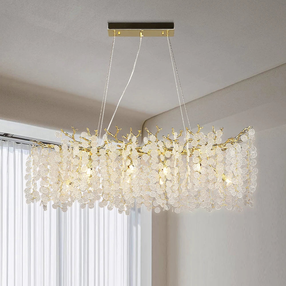 Suspension lumineuse moderne or blanc feuilles dorées 100cm 120cm 150cm 180cm led élégante