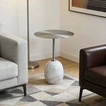 table d'appoint moderne marbre blanc veines grises pied central salon chambre