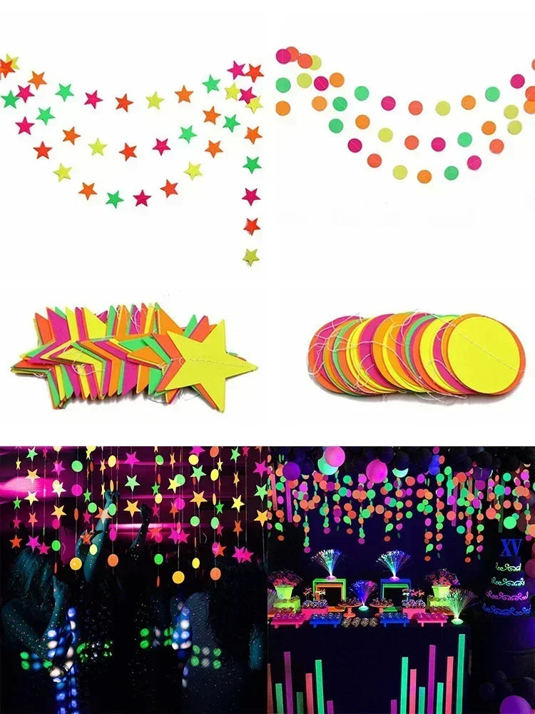 décoration fête étoiles rondes géométriques papier néon couleur bannières happy birthday anniversaire mariage fluorescent
