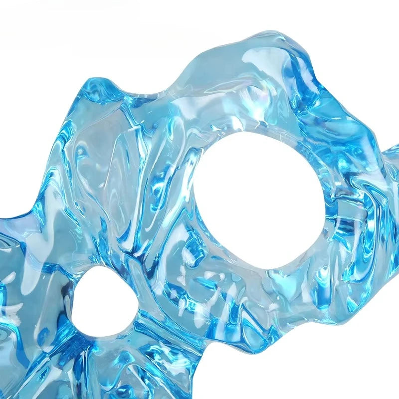 sculpture abstraite moderne bleu clair texture ondulée translucent base noire