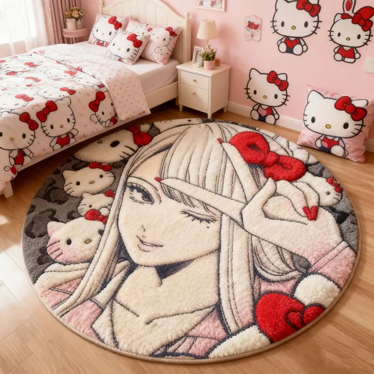 tapis rond motif hello kitty rouge blanc velours meuble decor kawaii moderne chambre adolescente