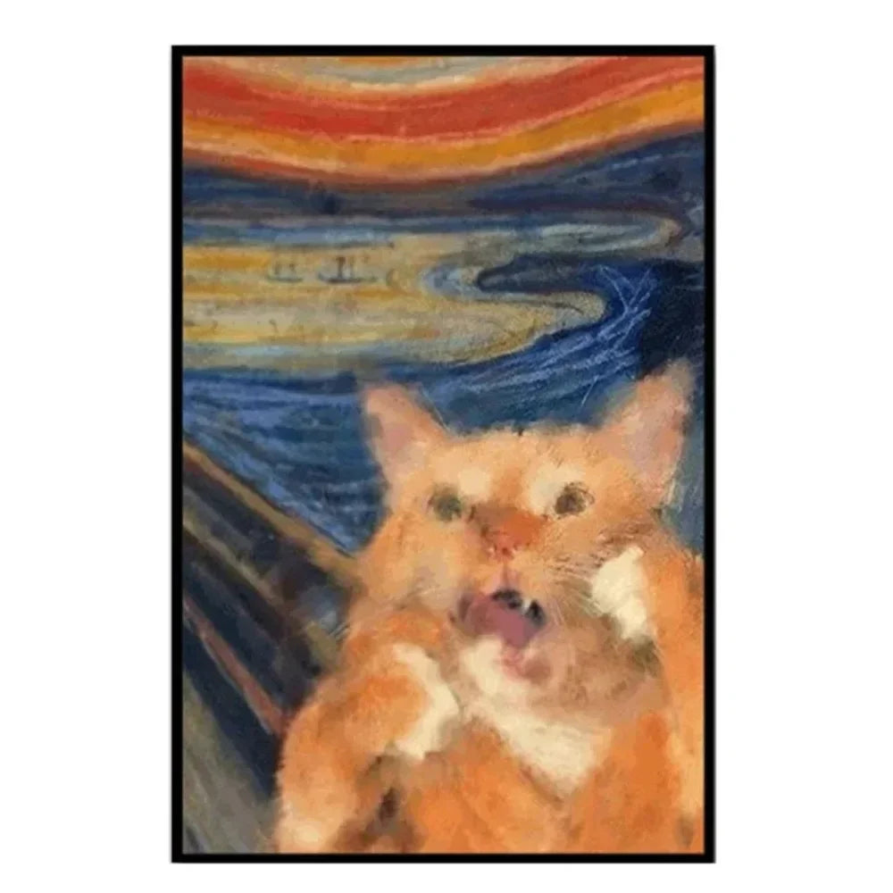 affiche moderne toile peinte huile chat hamster dessin animé orange beige bleu moderne pop