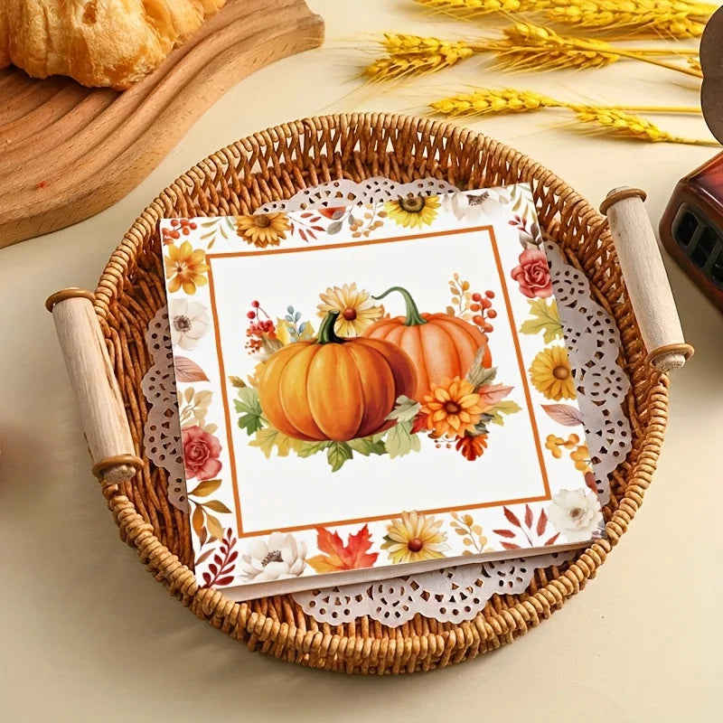 serviettes table imprimées citrouilles feuilles d'automne orange blanc marron vert rouge jaune