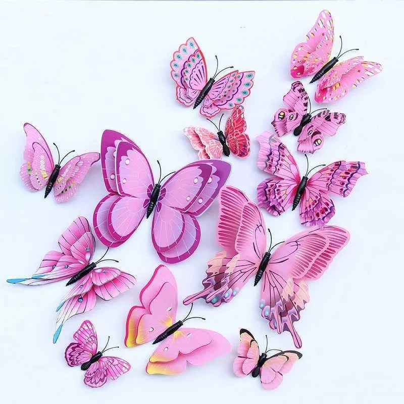 décoration murale papillons 3d adhésifs pvc rose violet blanc brillants 12 pièces différents