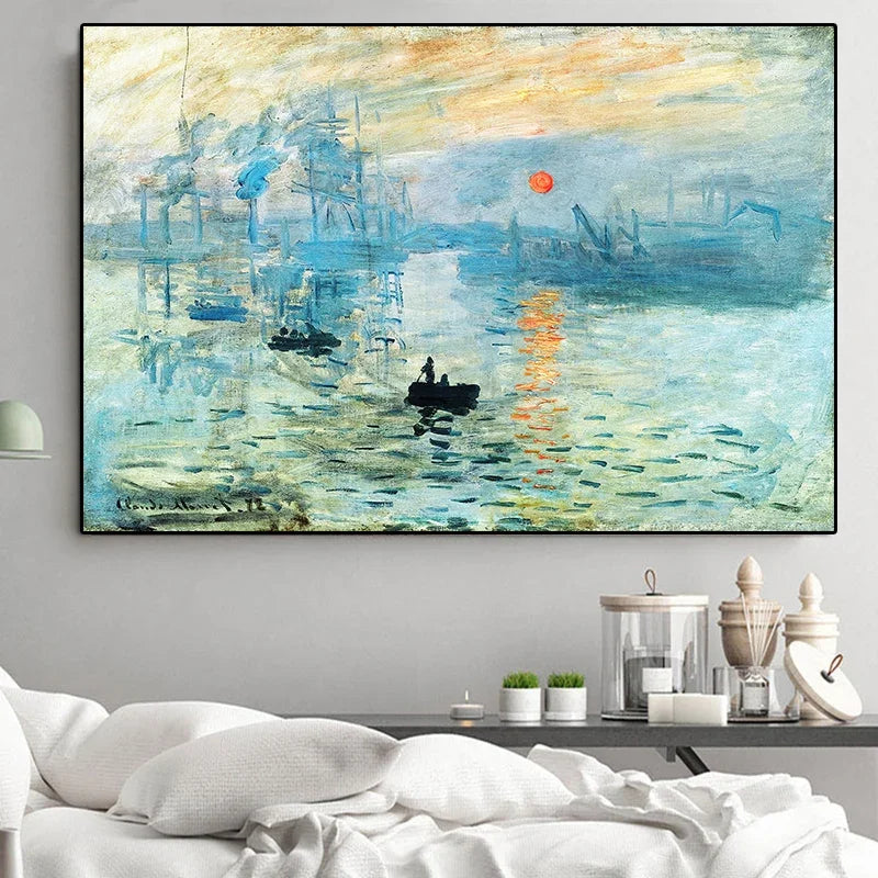 Toile d'art impressionniste paysage abstrait bleu vert blanc horizontal sans cadre