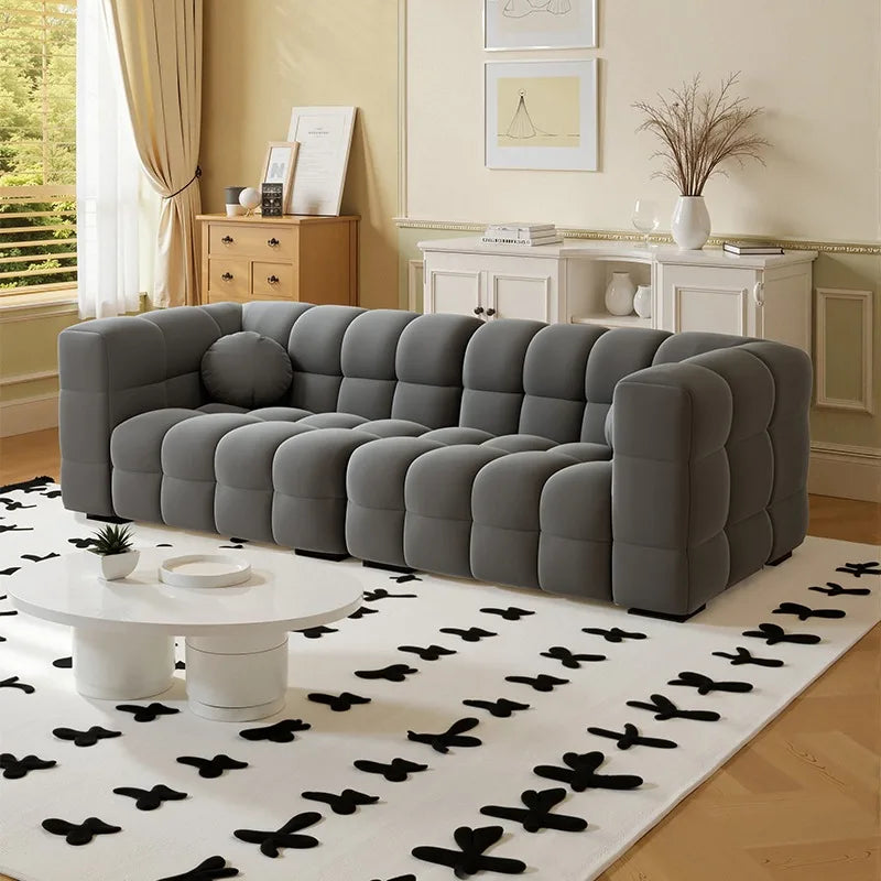 canapé moderne bois tissu géométrique coussin mousse latex beige rose vert gris orange