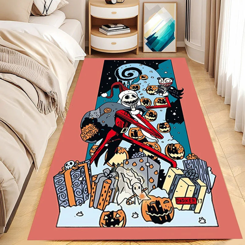 tapis halloween noir blanc visages souriants fantômes citrouilles motifs géométriques non glissant