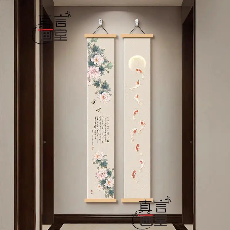 peinture suspendue scénique fleurs papillons textes rouge blanc beige vert noir traditionnelle japonaise crochets