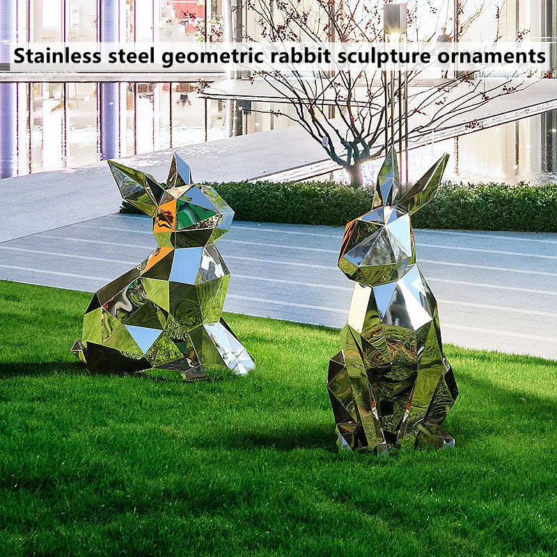 sculpture géométrique lapin argenté moderne extérieur intérieur décoration jardin sphères colorées angularité métal artistique
