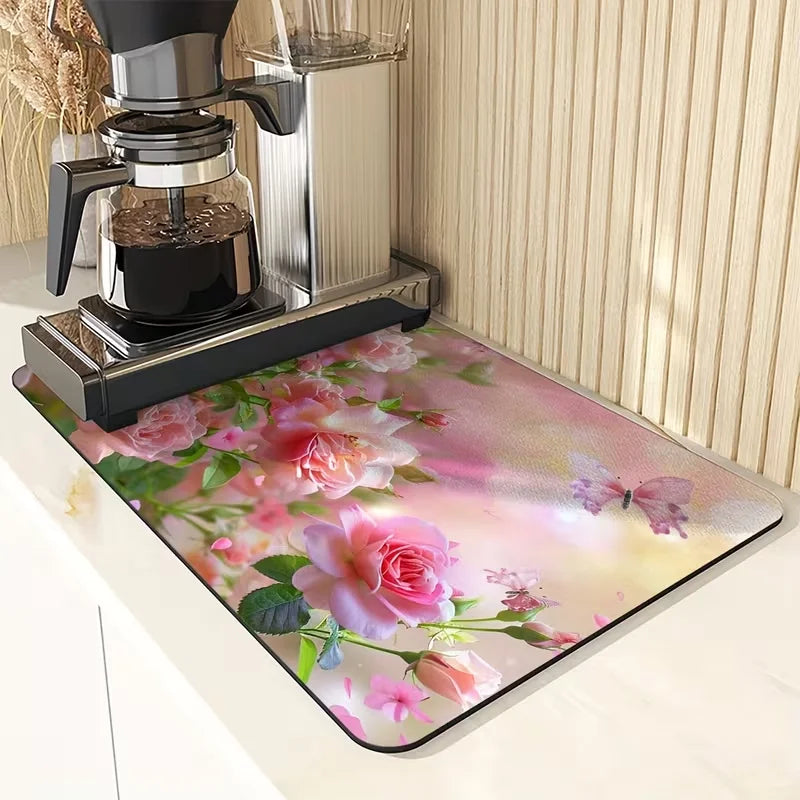 tapis cuisine rose floral adhésif good morning coffee coeurs théière vintage romantique 20x30cm 30x40cm