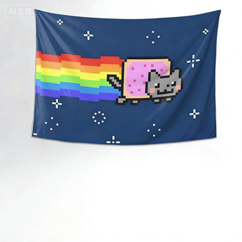 tapisserie murale chat pixel art pop art bleu arc ciel rose géométrique
