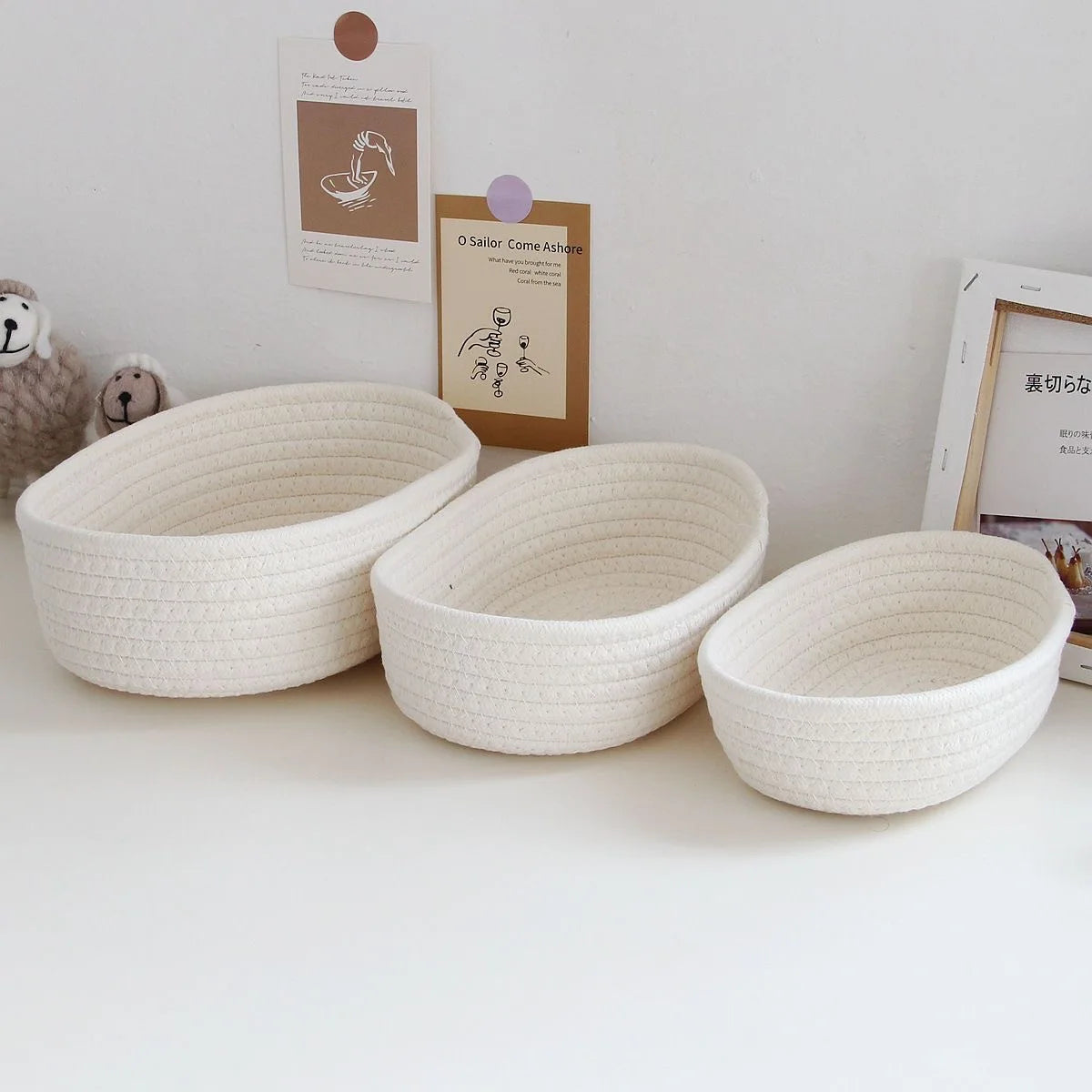 boîtes rangement coton tressé ovales multi usages modernes 23x13x7cm 26x16x8cm 30x17x9cm beige gris blanc
