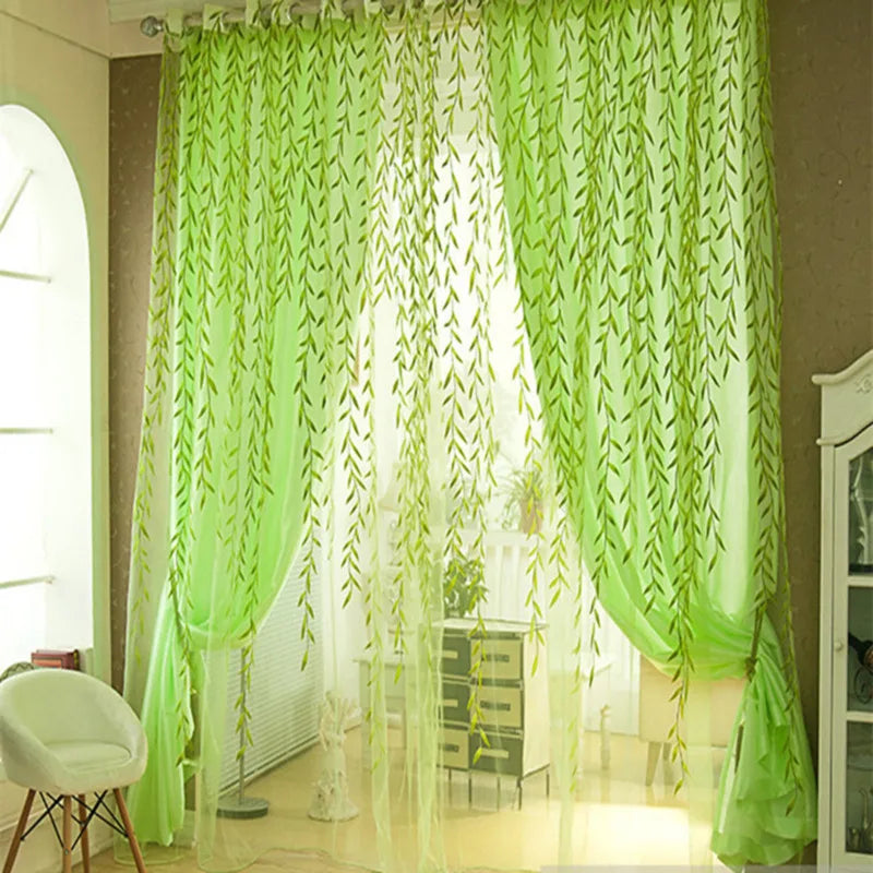 rideaux voilage feuilles stylisées bleu clair vert translucides champêtre décoration fenêtre chambre