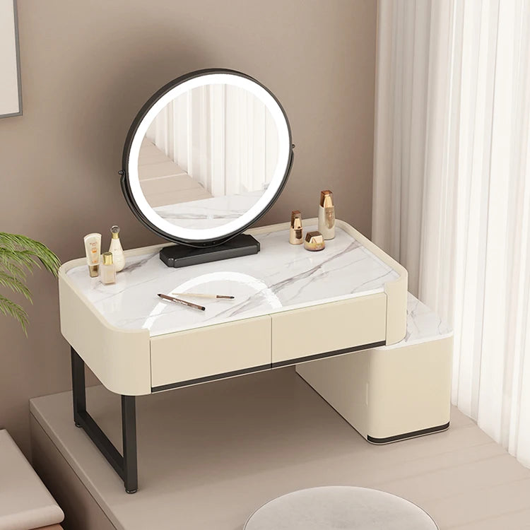 maquillage moderne marbre blanc tiroirs miroir pinceaux bouteilles pieds noirs