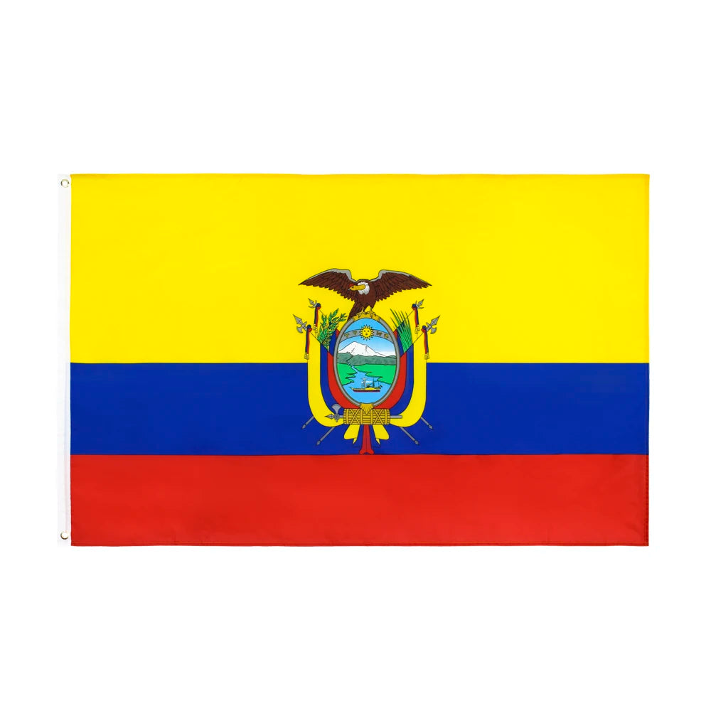 drapeau équateur jaune bleu rouge oiseau montagnes soleil graphique polyester super tex decoration