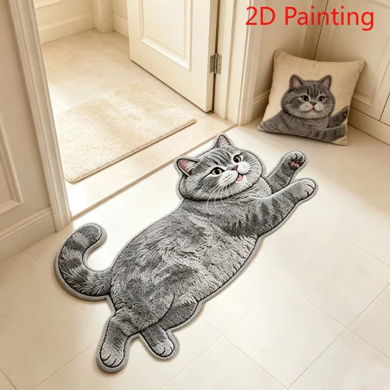 tapis gris blanc chat rayures texture moelleuse 3D chambre salon couloir décoratif polyester pile