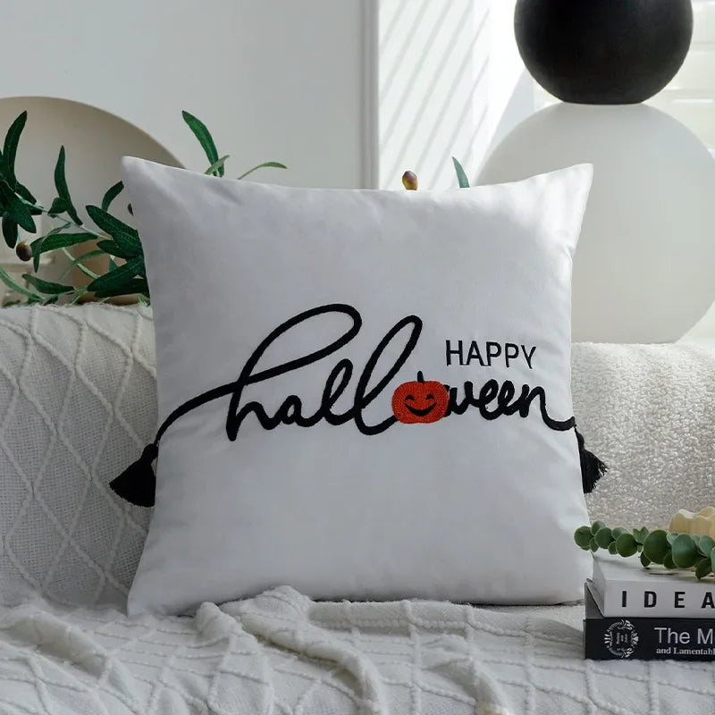 housse coussin carré halloween citrouille trick or treat polyester blanc orange moderne