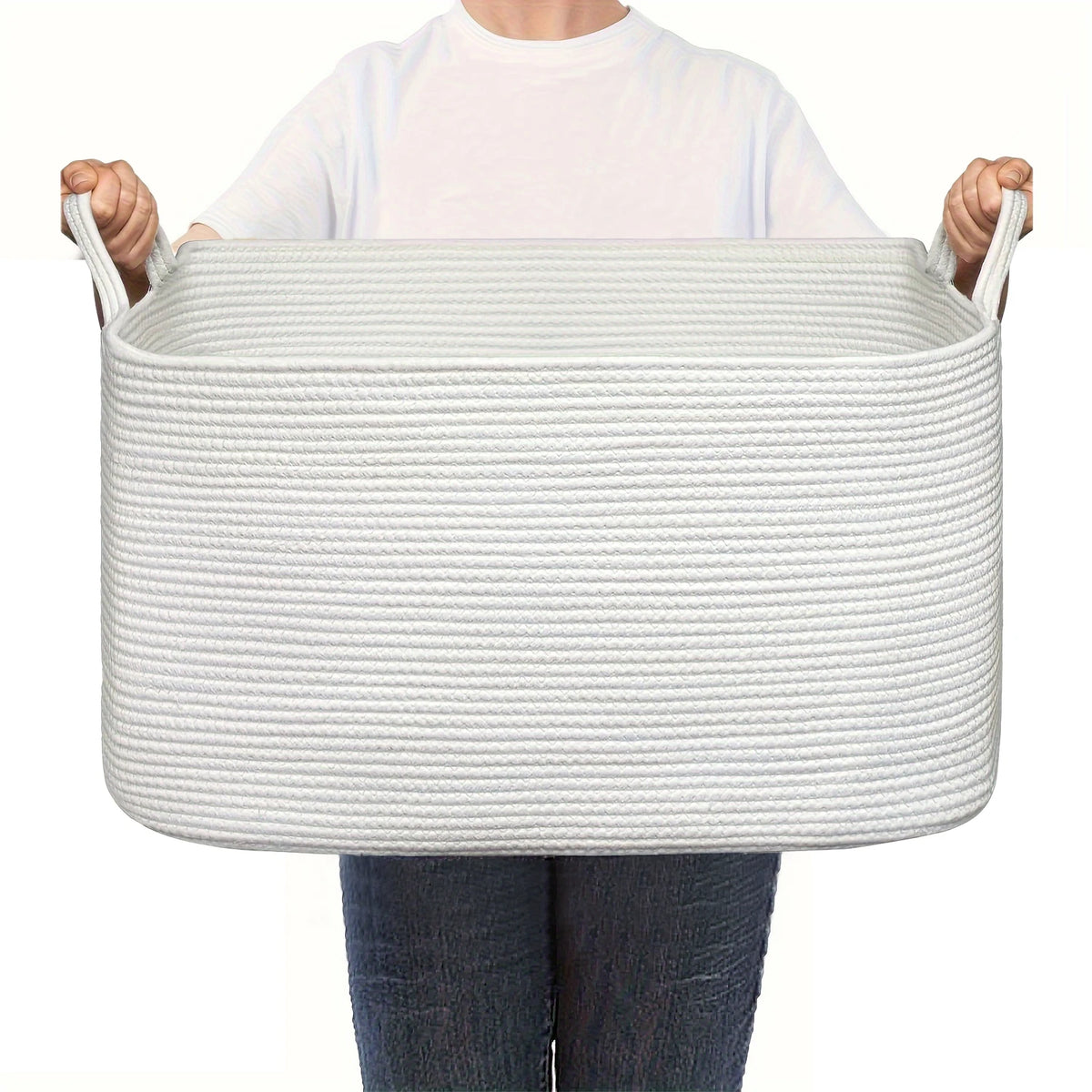 panier rangement tissé polyester pliable beige blanc rayures horizontales moderne rustique
