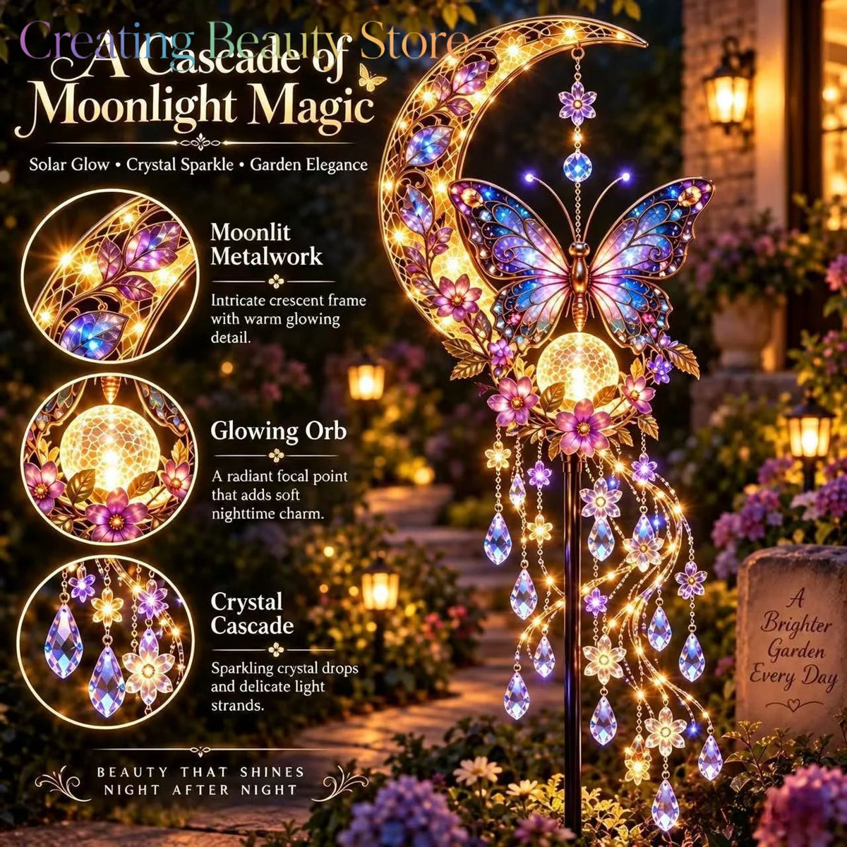 lampe solaire décorative ornement papillon lune cristaux transparents artisanal romantique noëlextérieur