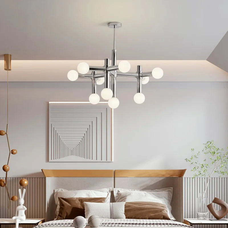Suspension lumineuse moderne sphères translucides chrome blanc 13 têtes LED