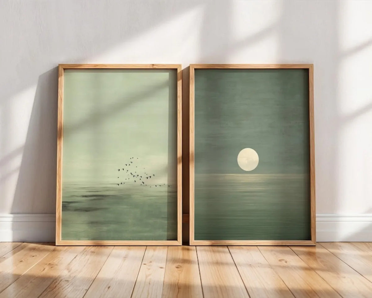 tableaux minimalistes paysage abstraits oiseaux lune vert clair vert foncé contemporains sans cadre bois