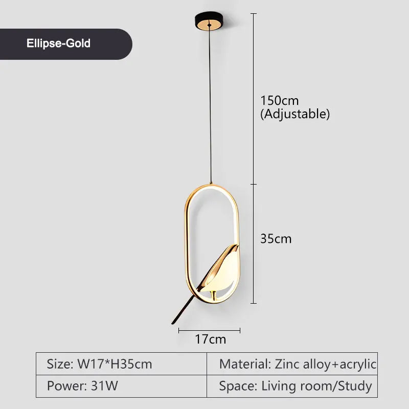 Suspension lumineuse ovale contemporaine oiseau noir doré salon chambre