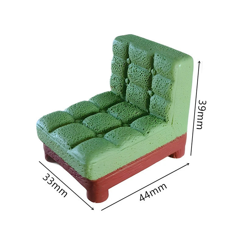 meubles salon miniature résine moderne brun bleu vert tapis fauteuil table basse bibliothèque