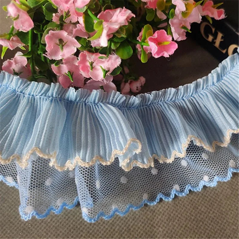 ruban plissé bleu rose jaune rayures dentelle vintage large 5cm polyester nylon occasion partie
