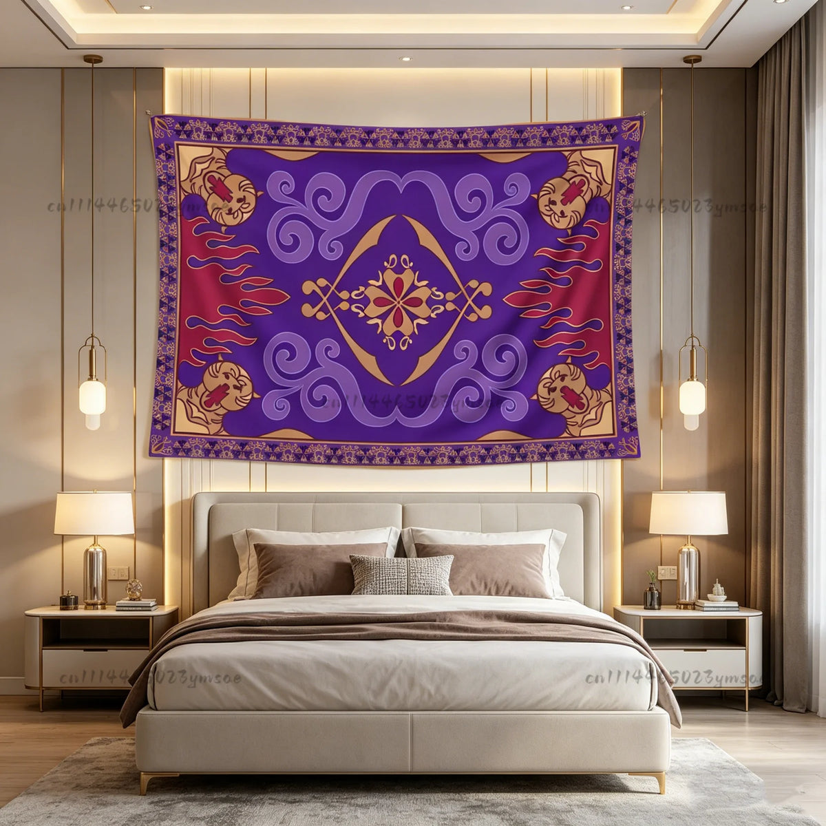 tapisserie murale moderne ethnique motifs floraux géométriques couleurs violet rouge beige or