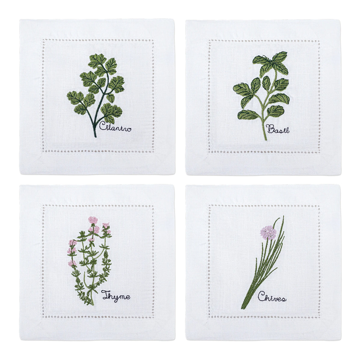 serviette cuisine lin blanc brodée motifs plantes aromatiques naturelle table élégante