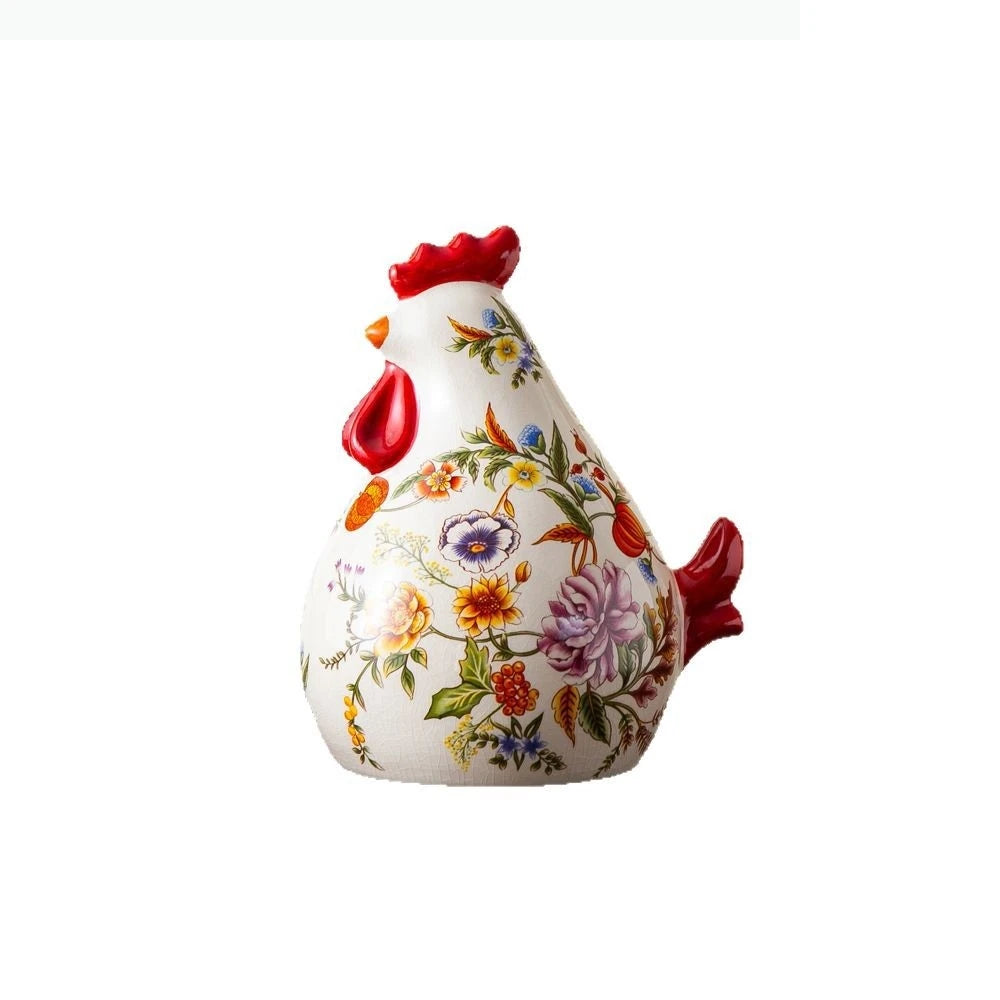 statue artisanale poulet couleur variée fleurs papillons décorative maison blanc rouge bleu verte jaune