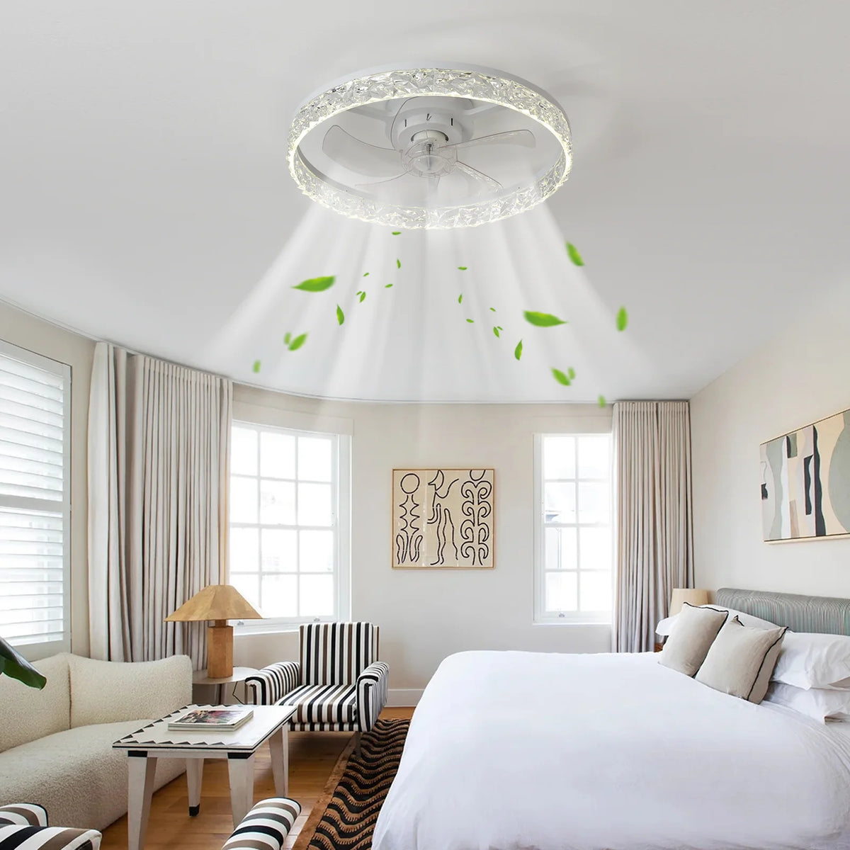 ventilateur led moderne télécommande blanc doré noir strass floral élégant chambre salon