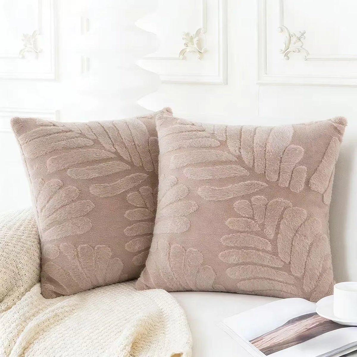 housses coussin décoratives polyester motif feuilles moderne marron clair vert pastel 43x43cm coussinintérieur