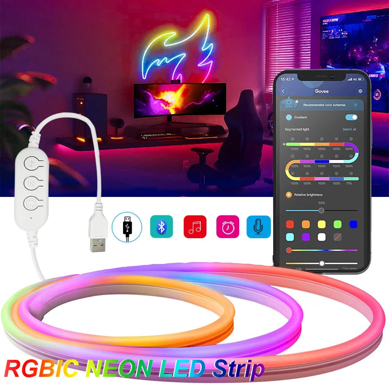 ruban led néon multicolore fluorescent moderne controle bluetooth application usb