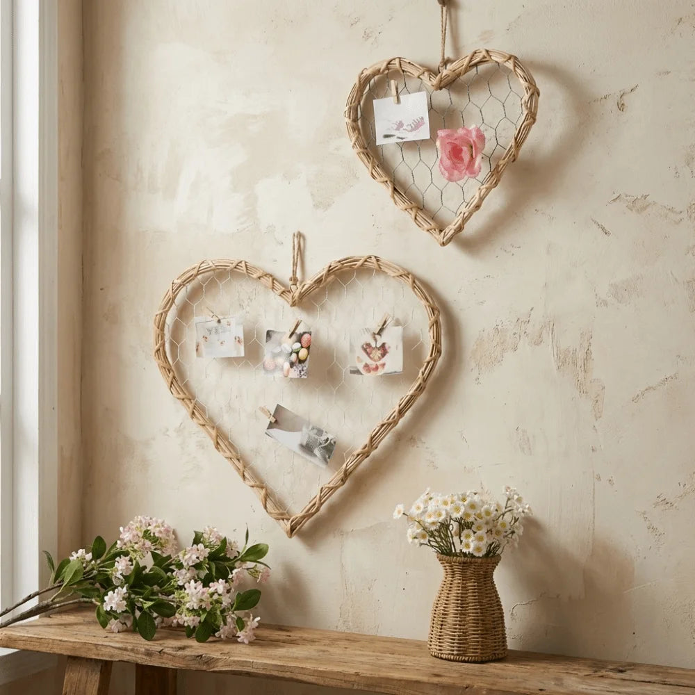 cadre mural tressé rustique boho chic forme cœur naturel clips ruban noir