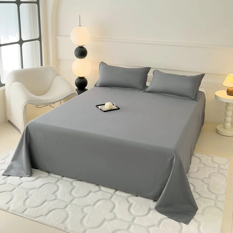 drap plat double gris lisse satiné minimaliste moderne lit adultes polyester