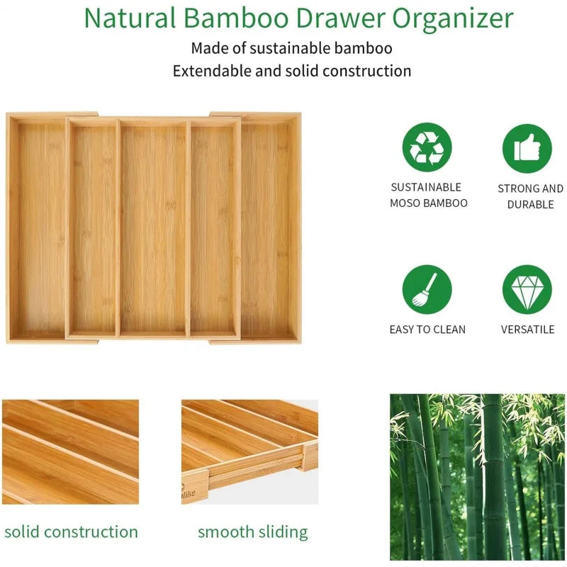 organisateur tiroir cuisine bambou réglable vaisselle couteaux fourchettes cuillères pince sel moderne