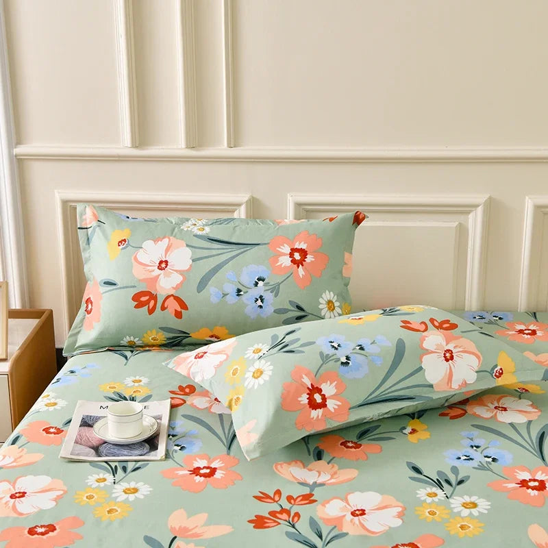 drap housse floral imprimé fleurs colorées moderne elastique oreillers assortis adultes chambre verte blanche