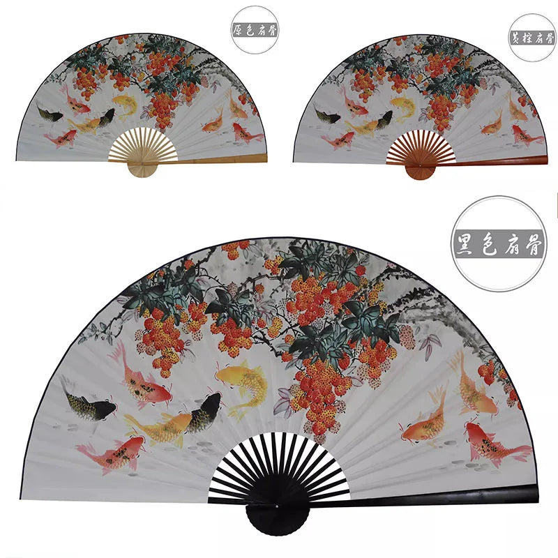 éventail traditionnel papier décoratif poignée bois motifs fleurs art ancien