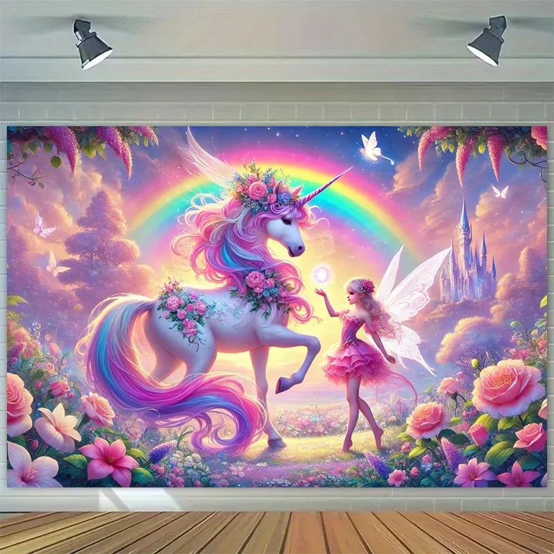 toile fond multicolore licorne fantaisie chambre enfant decoration murale personnalisée lint free