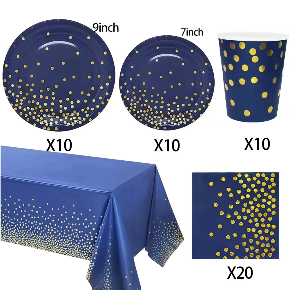 vaisselle jetable moderne assiettes bleu marine fourchette cuillère nappe dorée points festif