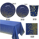 vaisselle jetable moderne assiettes bleu marine fourchette cuillère nappe dorée points festif
