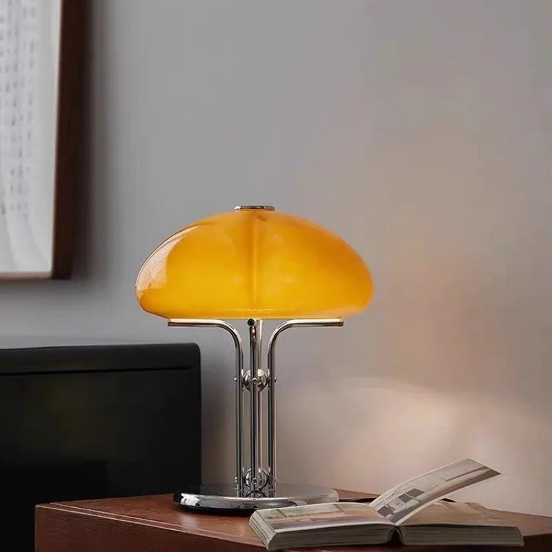 lampe table moderne champignon cristal orange socle métallique interrupteur bouton led opacité chambre coucher
