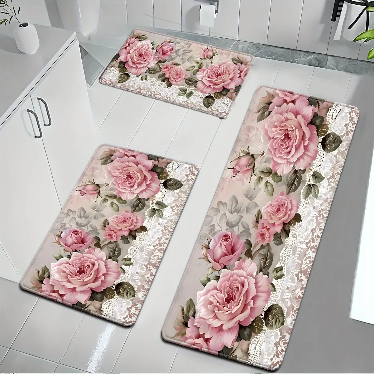 tapis bain rose motifs floraux dentelle antidérapant shabby chic floral duveteuxsetSize